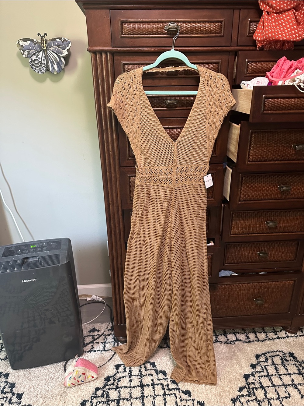 American Eagle Outfitters Tan Open-Knit V-Neck Jumpsuit